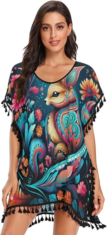 Cute Cartoon Animal Art Womens Beach Cover Up Chiffon Tassel Swimwear Swimsuit Coverups for Girl