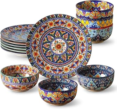 glowworm Dinner Plates Set of 6, 10.5 Inch Ceramic Plates for Pasta, Cereal Bowls Set of 6, 26 Oz Ceramic Soup Bowls for Kitchen, Bohemian