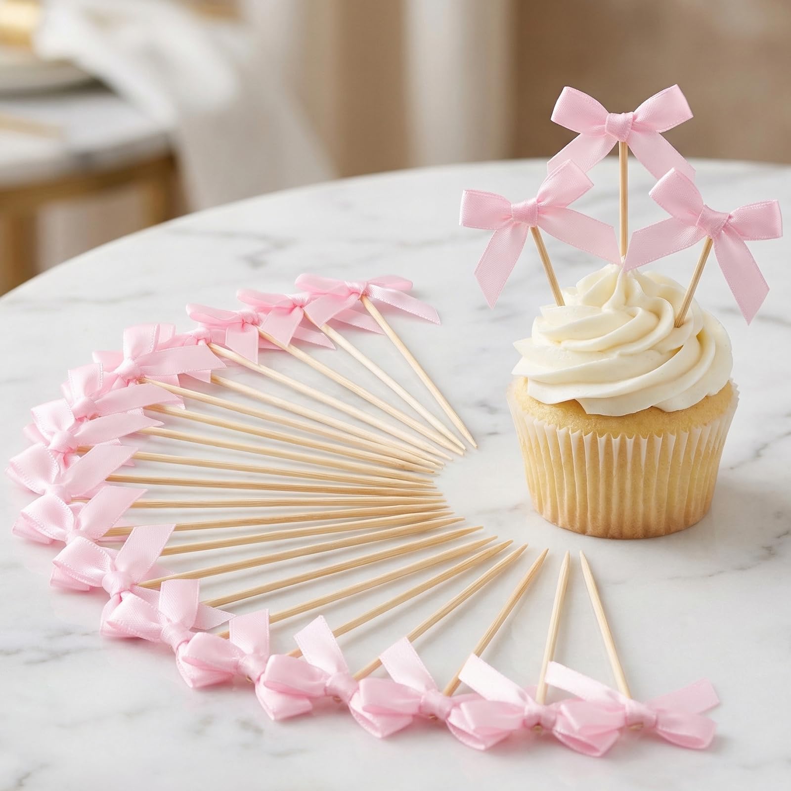 30PCS Pink Bow Cupcake Toppers - Ready to Use Cake Decorations for Birthday Wedding Party, No Assembly Required, Sweet and Elegant Dessert Bows (Pink)