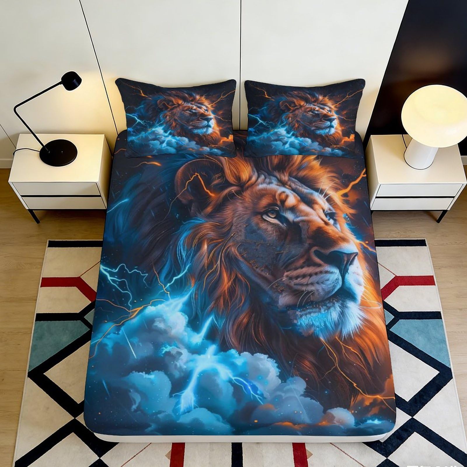 3D Printed Fiery Lion Fitted Sheet Microfiber Soft Breathable Thunder Blue Mattress Cover for Bedroom Guest Room Decor 90x200x25cm