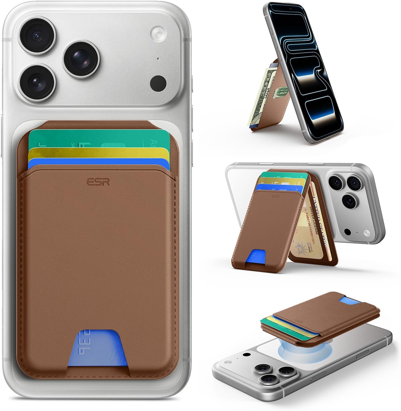 ESR Upgraded for MagSafe Wallet, 5 Card Holder, RFID Blocking, Magnetic Wallet with Adjustable Stand, Slim for iPhone 17e/17/16/15/14/13/12 Series & Google Pixel 10, Not Mini, Vegan Leather, Brown