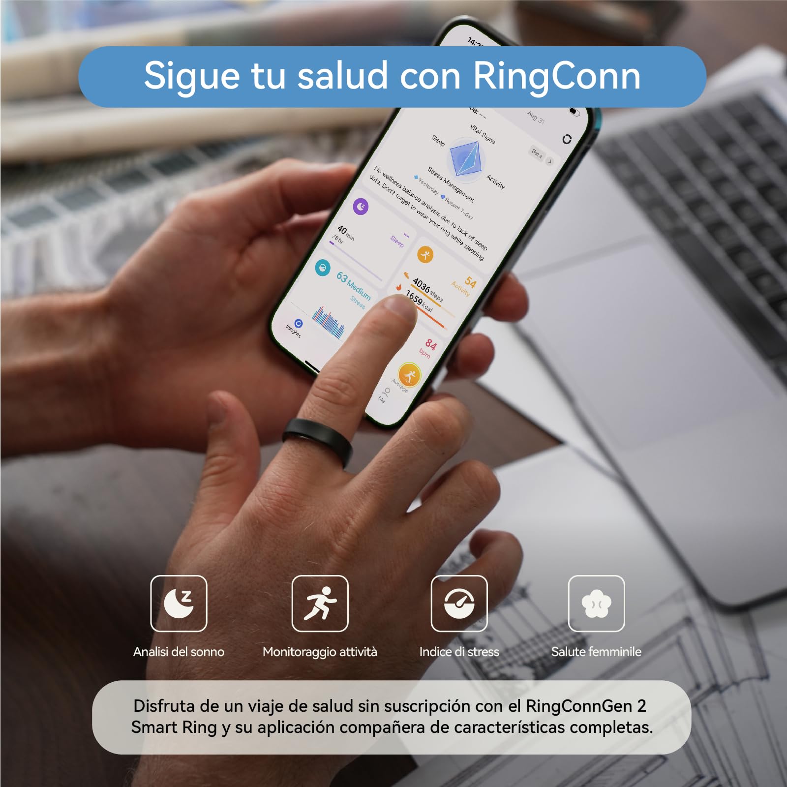 RingConn Gen 2 Smart Ring Negro Talla 9 Monitoreo Sueño Estrés Frecuencia Cardíaca Salud Femenina Sin Suscripción 12 Días Autonomía