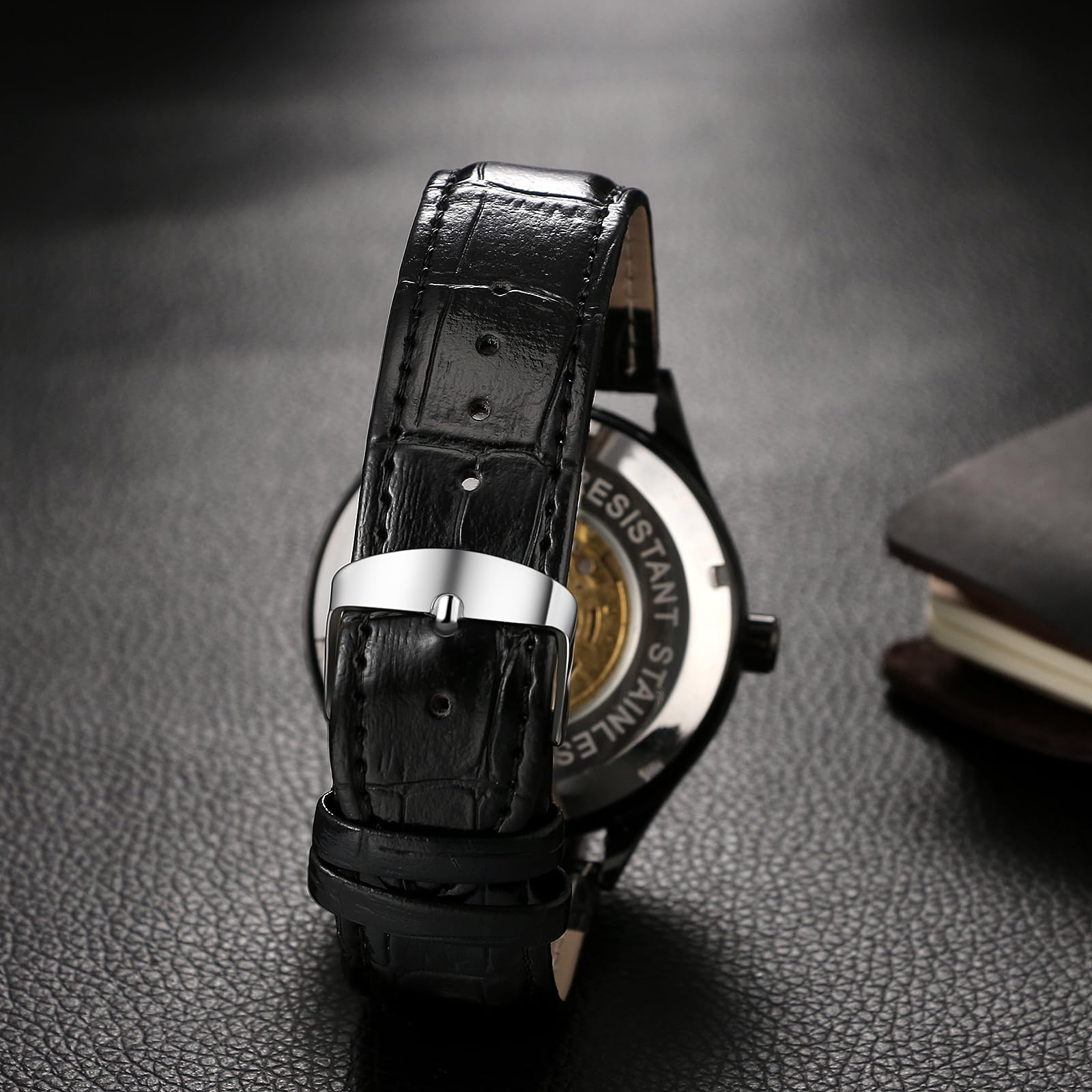 JewelryWe Reloj Mecánico Automático Hombre: Reloje de Pulsera Vestir Retro Correa de Cuero Escala de Números Romanos Punteros Luminosa - para Regalo