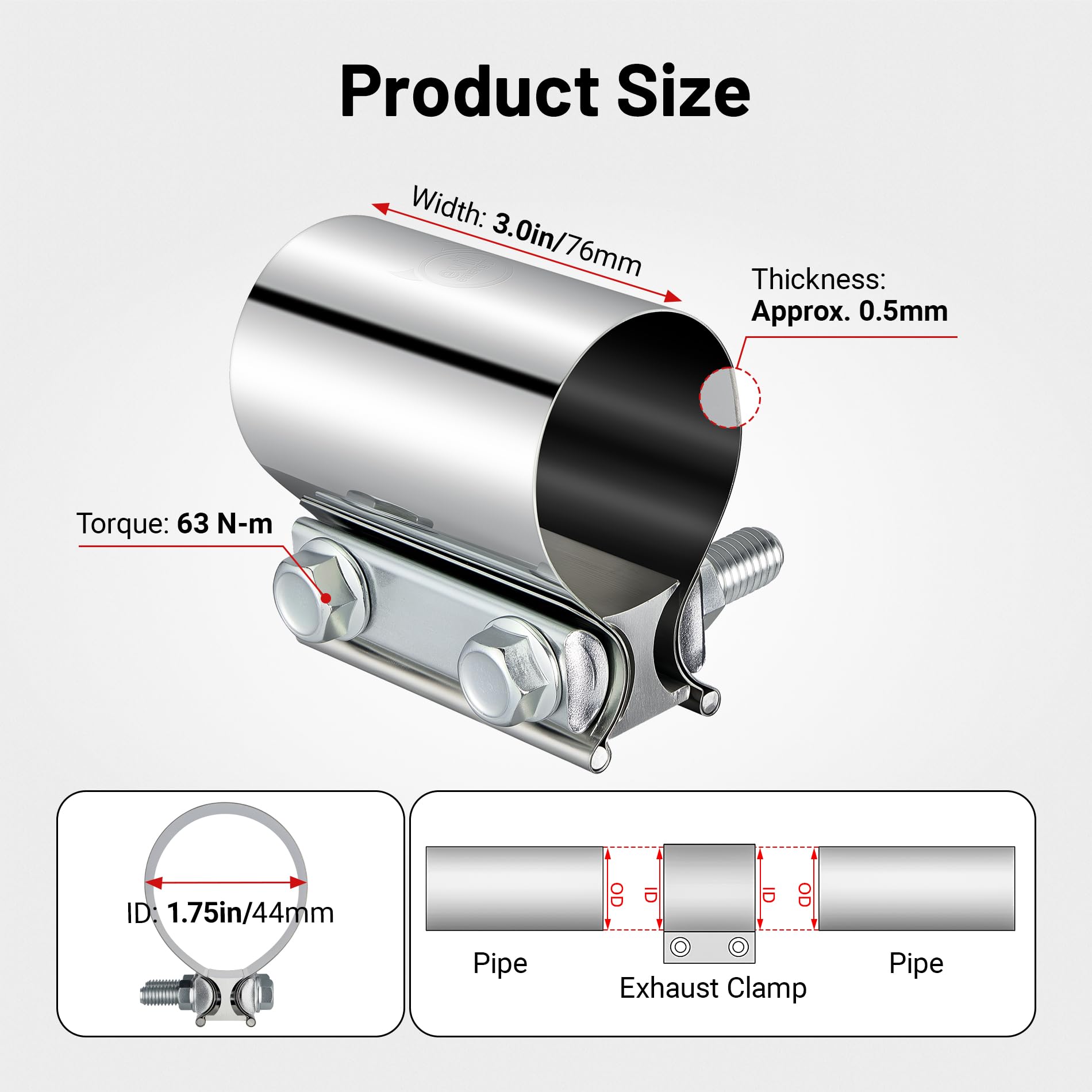 EVIL ENERGY 1.75 Inch Exhaust Clamp,1 3/4" Butt Joint Band Clamp Sleeve Coupler Stainless Steel for Pipes,Mufflers,Catalytic Converters - 2
