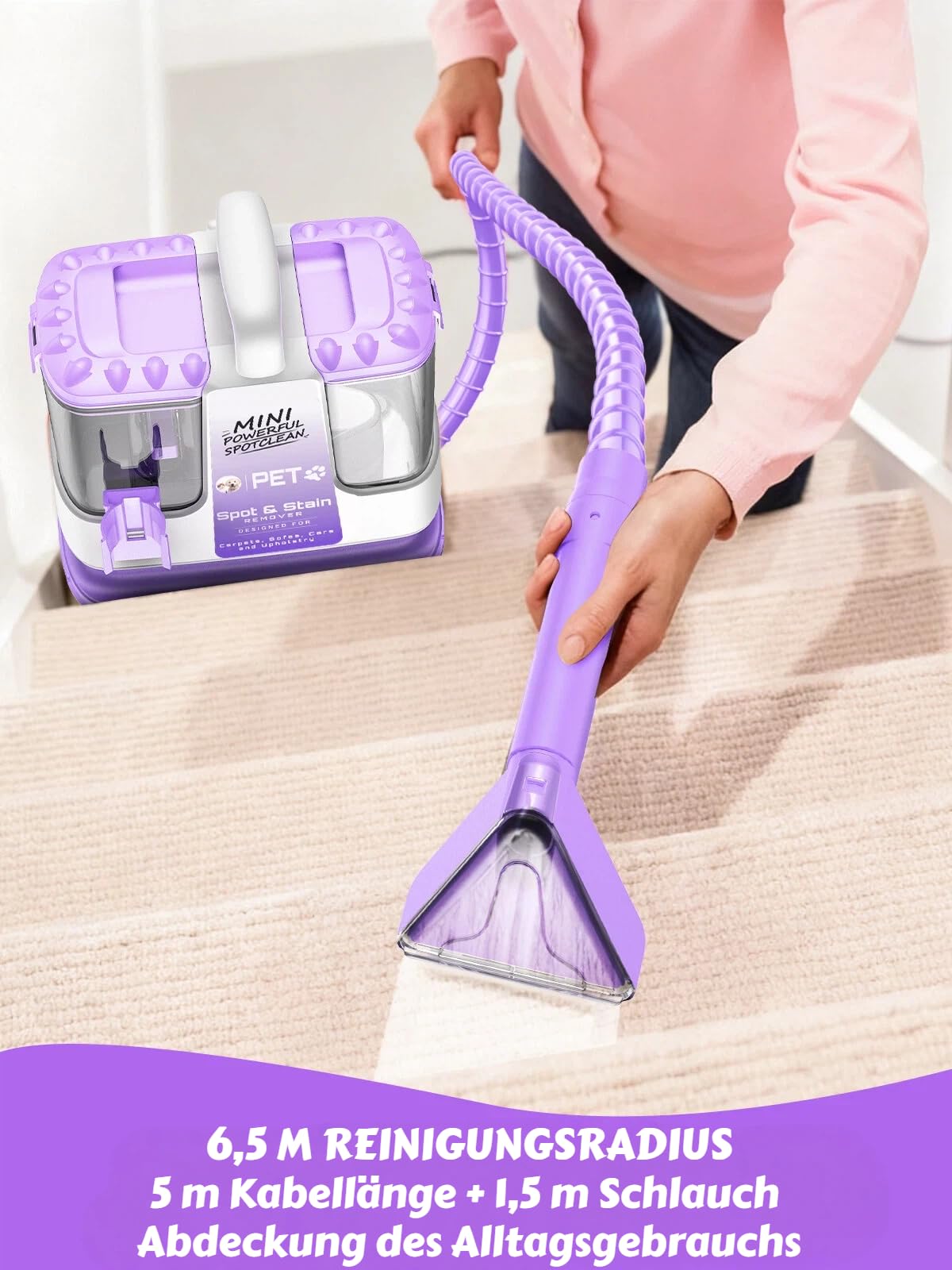 Polsterreiniger Gerät 500W 30KPa Waschsauger Nasssauger mit Selbstreinigungsfunktion, Fleckenreiniger für Teppiche Sofas Treppen Polstermöbel Autos, leichtes kompaktes Design, Violett