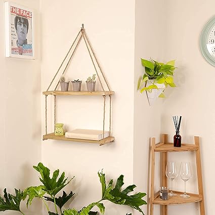 SHREE HANS CREATION |Real Pine Wood Floating Shelves, Hanging Swing Rope Shelves, Rustic Wall Decor Swing Shelf, Wall Shelves for Living Room / Home / Office Decor (2 Tier, 8 x 5 Inch)