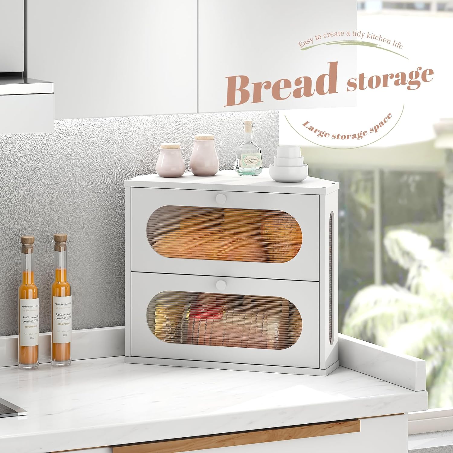 Corner Bread Box for Kitchen Countertop Bmaboo Double Layer Bread Boxes Capacity Farmhouse Bread Box, Corner Countertop Storage (White)