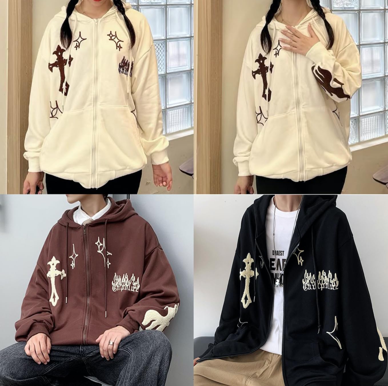 Y2k Felpa con cappuccio gotica da uomo e donna con zip e ricamo incrociato grafico abbigliamento estetico streetwear