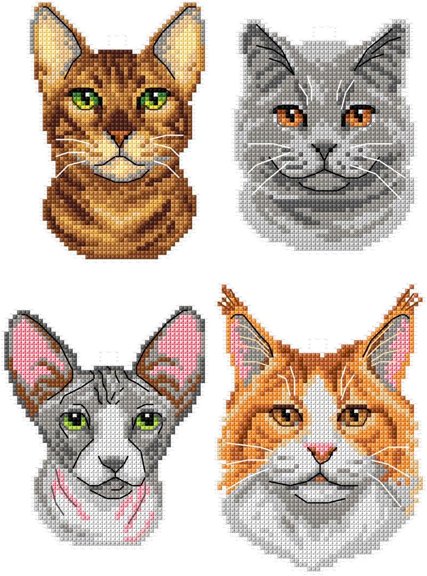 Counted Cross-Stitch Kit on Plastic Canvas with Cats. 4 Lovely Ornaments Different Dimensions 140CS. 14 Count Plastic Canvas Sheets 8.27x11.02 Inches. Wonderful for Art & Craft Amateurs
