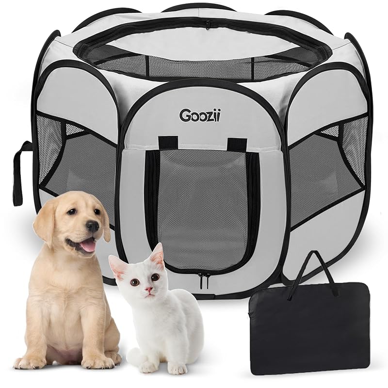 Cercadinho portátil para cães e gatos em tecido Oxford 600D Goozii, Cinza-claro, tamanho S (73,66 x 73,66 x 43,18 cm)
