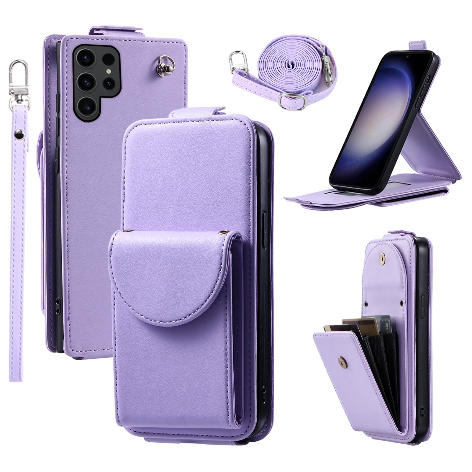 Dibosom Wallet Case for Samsung Galaxy S23 Ultra 5G with Multiple Card Slots Organ Purse, Ring Buckle Wrist Strap Shoulder Strap, Phone Cover for