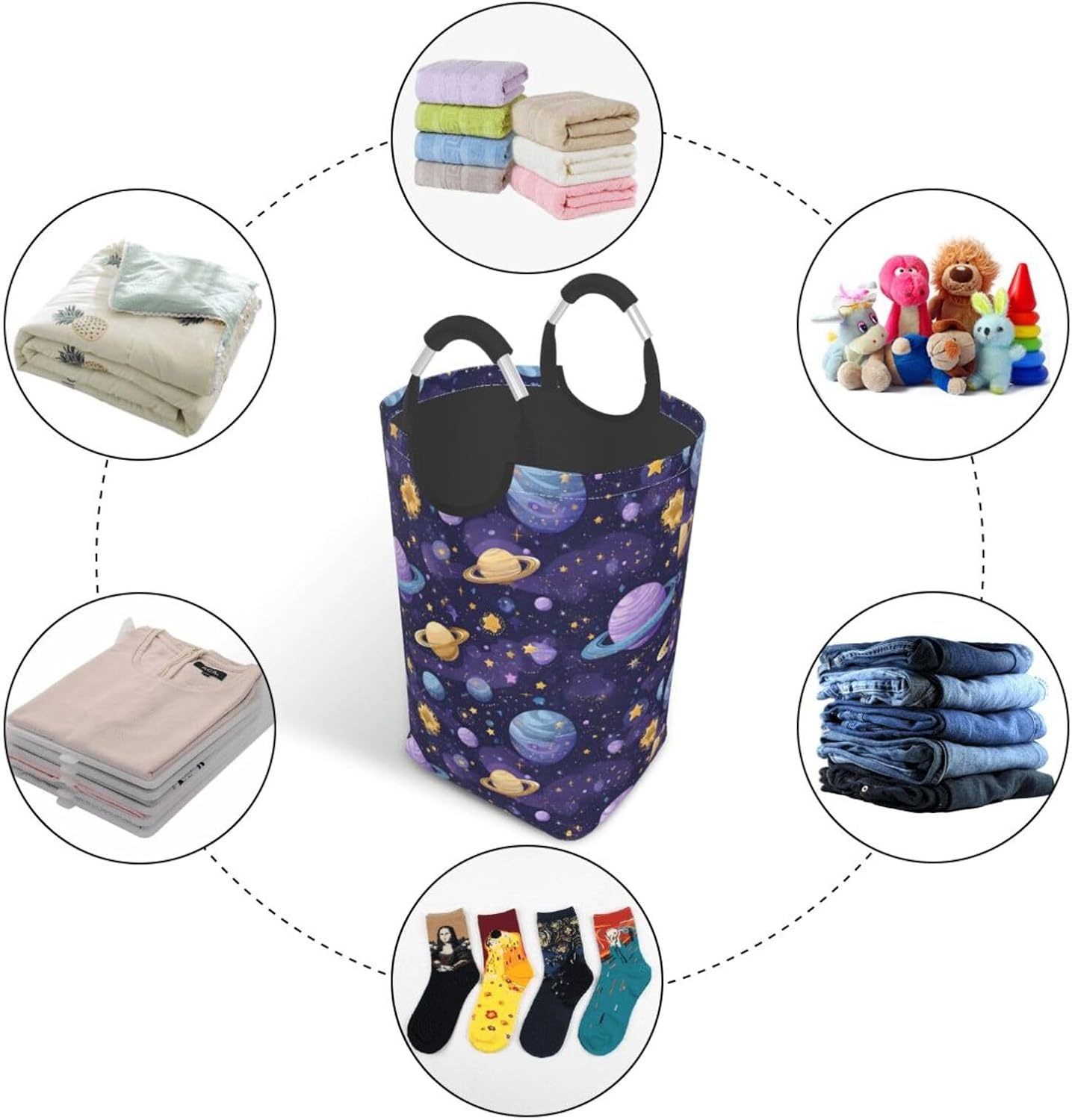 Stardust Neon Planets Foldable Dirty Laundry Bag, Waterproof Oxford Fabric With Pe Board Base, 50l Capacity For Home & Travel