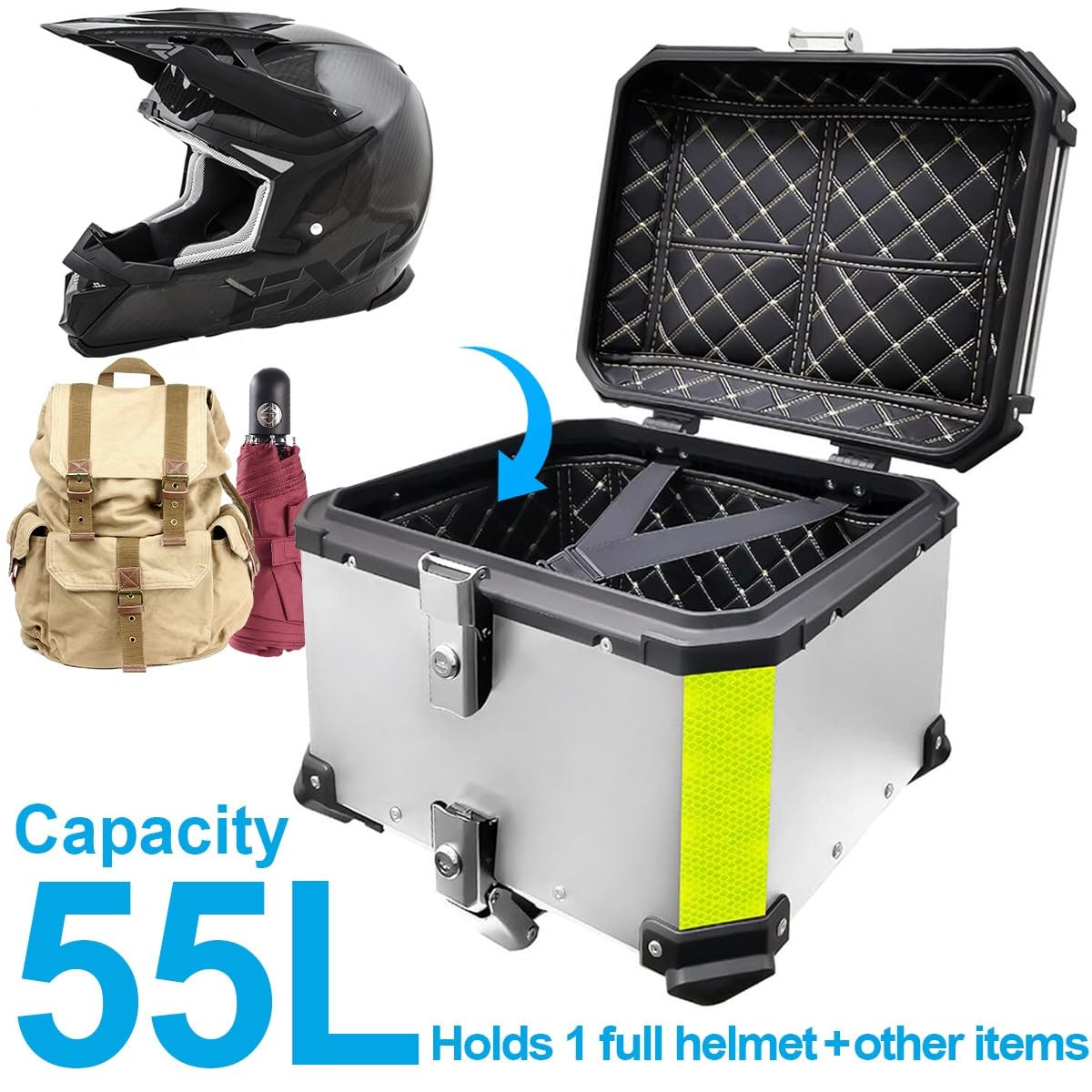 Baúl de Aluminio para Moto 45L 55L 65L 80L 100L, Maleta Top Case Impermeable, Maletero de Motocicleta, Caja para Scooter con Placa de Montaje y Respaldo (Plata, 55 L)