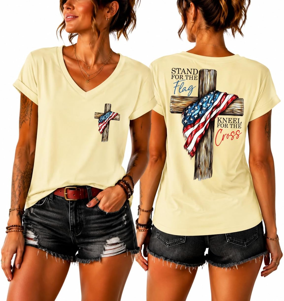 Faith Shirts for Men Women, Stand for The Flag Kneel for The Cross Shirt, Patriotic Christian Graphic Jesus T-Shirt