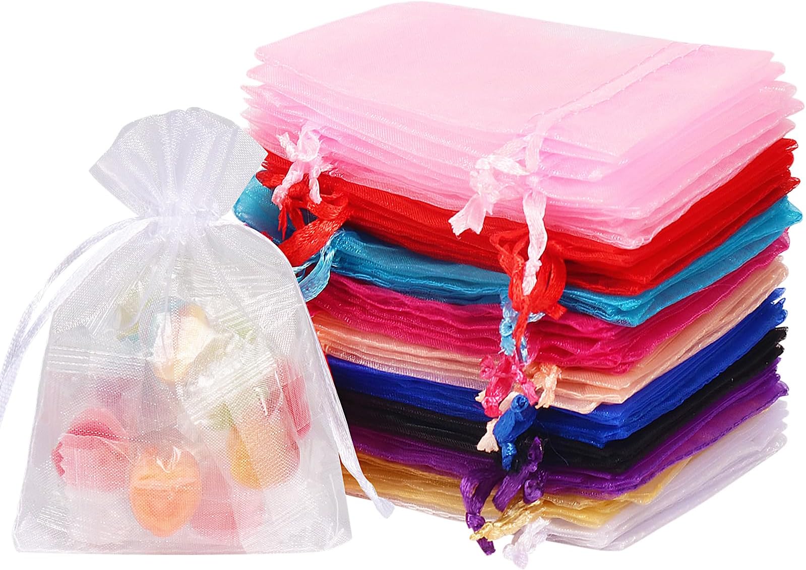 HRX Package 100pcs Assorted 10 Color Organza Bags Small, 8x10cm Drawstring Jewellery Little Mesh Gift Favour Pouch for Wedding Party Small Business Packaging Bags