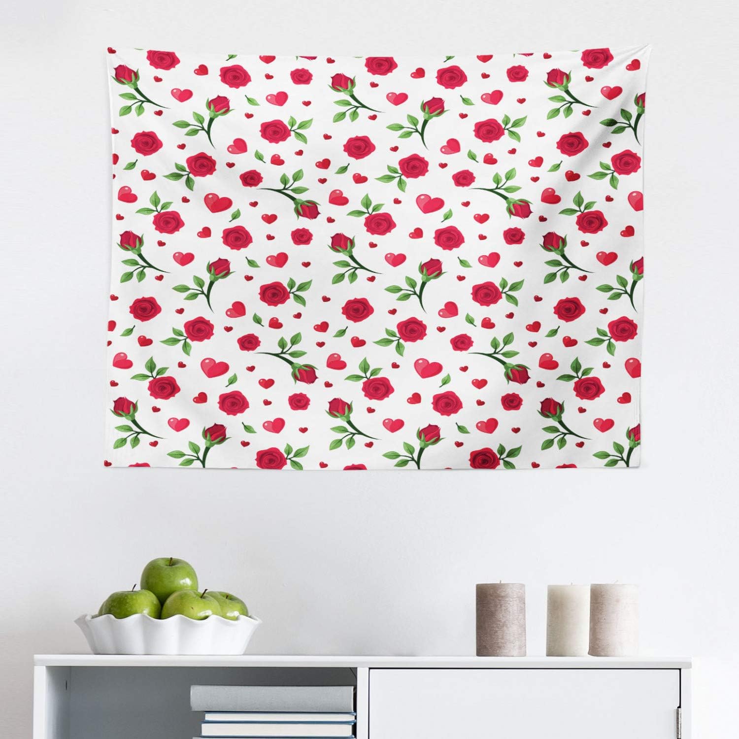 Lunarable Roses Tapestry, Valentine's Day Themed Composition with Roses and Big Little Hearts, Fabric Wall Hanging Decor for Bedroom Living Room Dorm, 45" X 30", Dark Coral Green White