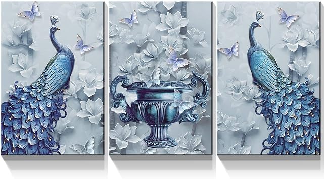 Denozer 3 Panel Canvas Wall Art 12x18 inch Elegance Blue Peacock with White Floral Picture Vintage Animal Painting Print Home Decor for Living Room Bedroom
