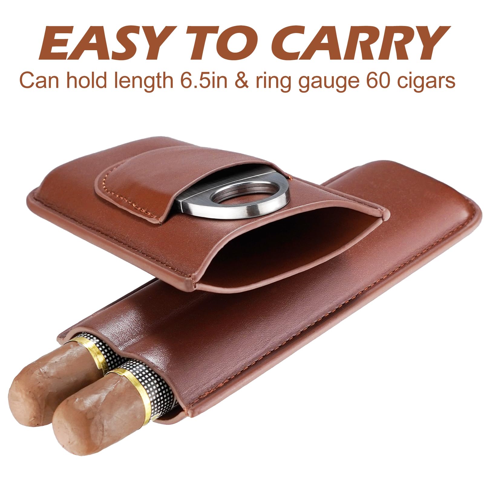cgaplus 2-Finger Leather Cigar Case with Cutter Leather Lined Cigar Humidor Portable Travel Cigar Case Brown - Image 2