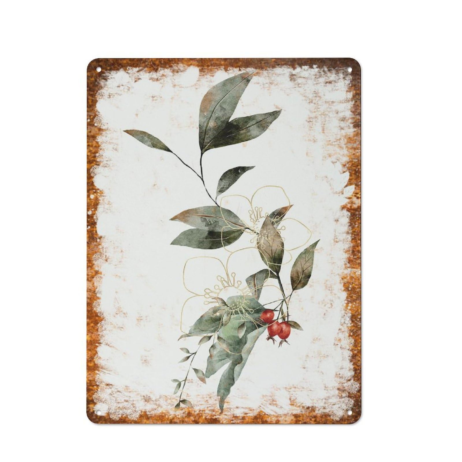 Metal Tin Sign Retro Distressed Vintage Rustic Metal Leaf Branch with Red Berries Watercolor Print Wall Art Decor for Home Kitchen Bedroom Bathroom Farmhouse Living Room Office Apartment 8x12 Inch
