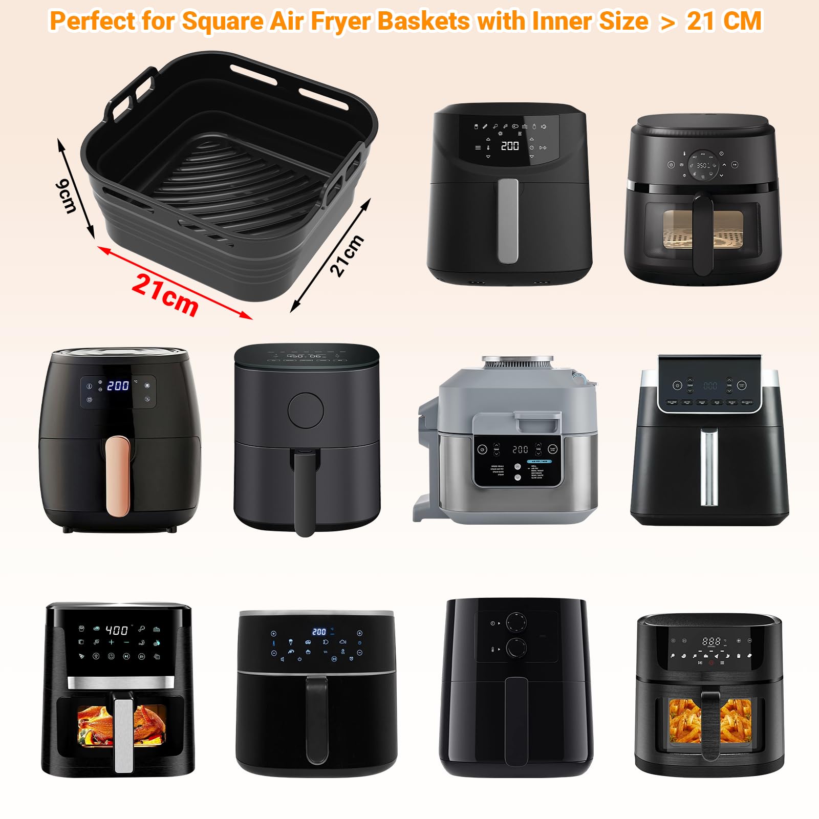 Alyvisun Silikonowa Wkładka do Frytkownicy Powietrznej z Pędzel do Oleju, 2 Sztuki Wielokrotnego Użytku Kosz do Pieczenia Kwadratowy Koszyk Formy Blacha do Air Fryer, Mikrofalówki, Piekarnika(Czarny)