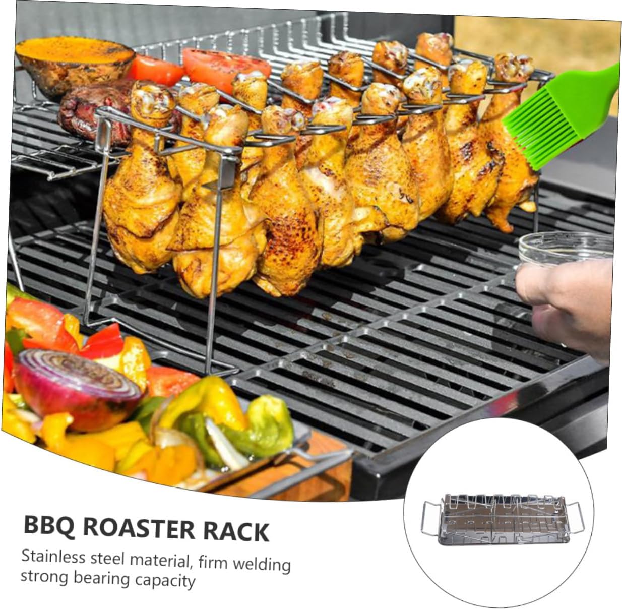 Foldable Stainless Steel BBQ Rack for Outdoor Grilling Chicken Leg and Wing Holder Base Tray Portable Barbecue Grill Stand for Camping and Picnics