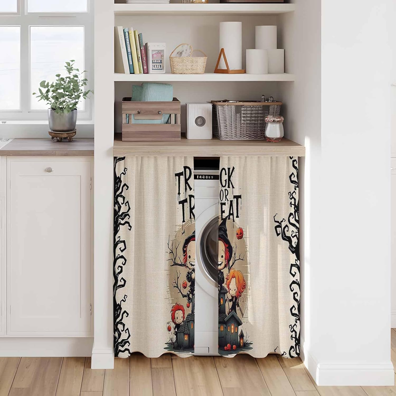 Halloween Kitchen Tier Curtains 45 Inch Long 2 Panel Set,Rod Pocket Short Window Treatment,Trick Or Treat Children Pumpkin Black Branches Curtains & Drapes for Bathroom Basement 27.5"W x 45"L