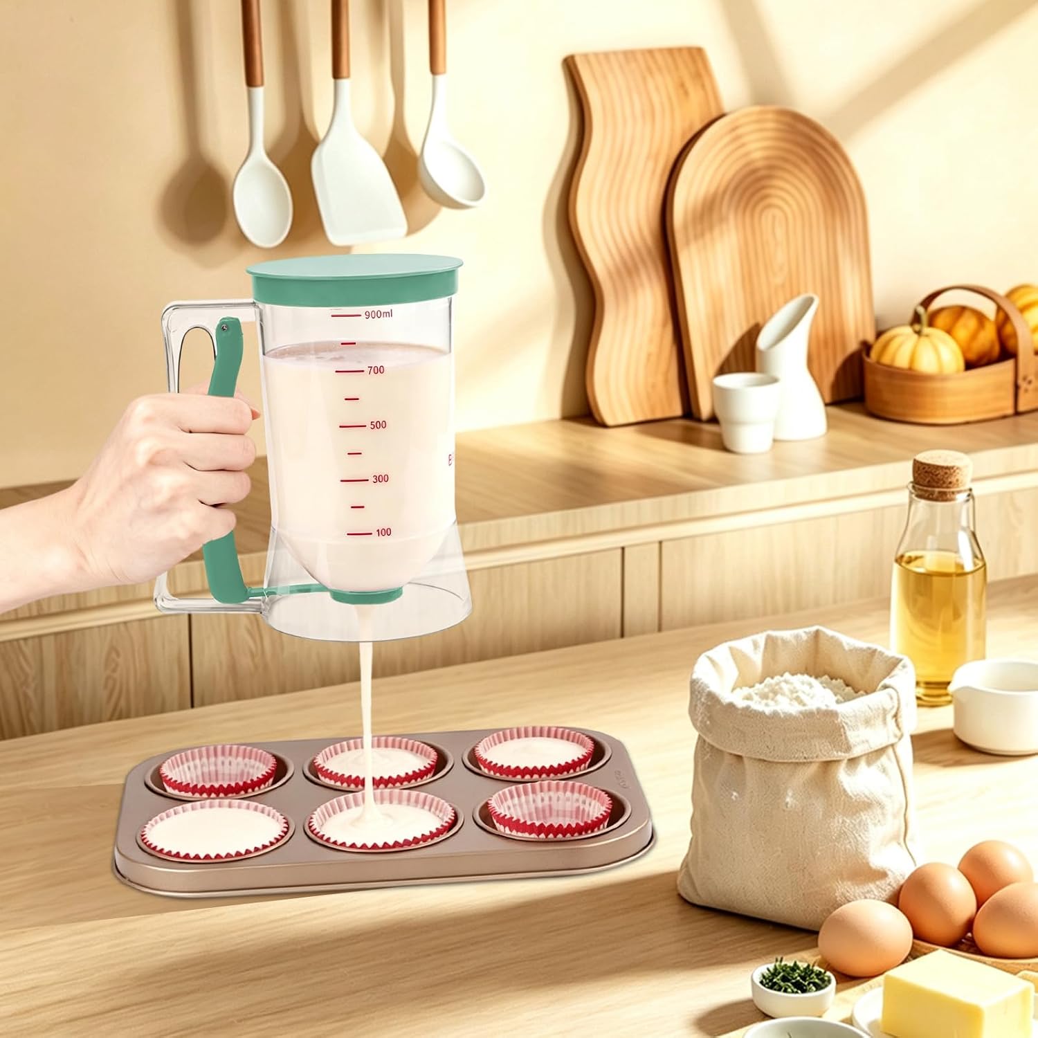 4-Cup Pancake Batter Dispenser with Measurement Markings Squeeze Handle,Mess-Free Cupcake Muffin Crepe Batter Pourer Dispenser Baking Tool (Green)