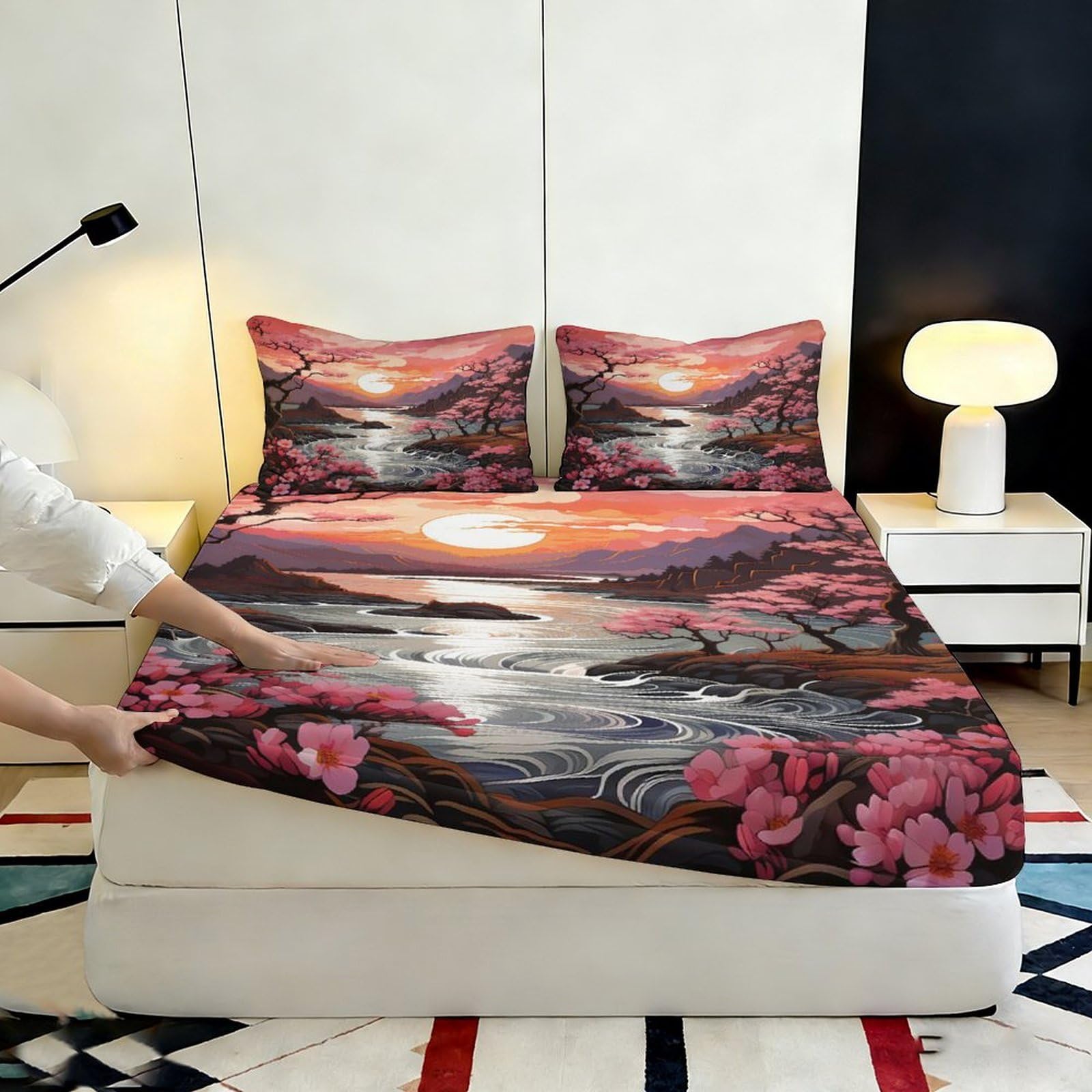 3D Printed Paesaggio Tramonto Lenzuolo con angoli, Microfibra Paraletto | morbido, protezione materasso, facile manutenzione, tutte le stagioni, lavabile 180 x 200 x 25 cm