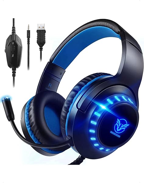 Pacrate Gaming Headset für PS4/PS5/Xbox One/PC/Nintendo Switch, PS4 Kopfhörer mit Kabel Xbox Headset mit Mikrofon, Noise Cancelling PS5 Headset mit LED Lichter - Blau - 1