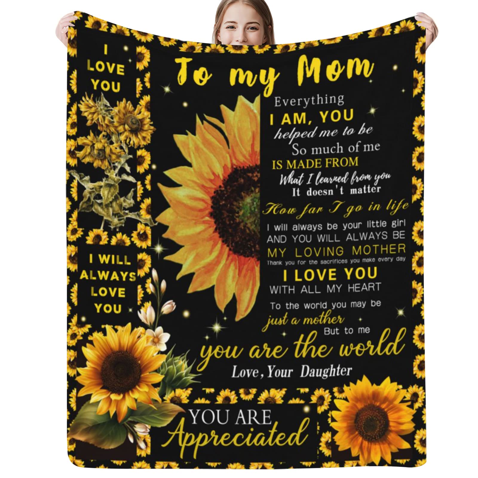 Jbralid Women's To My Mom Blanket To My Mom Gifts Blanket Mother's Day Blanket Gifts For Mom From Daughter Sunflower Throw Blanket Lightweight Fuzzy Cozy Soft Flannel Blanket For Living Room Bedroom Couch Bed Sofa 40X50 Inch