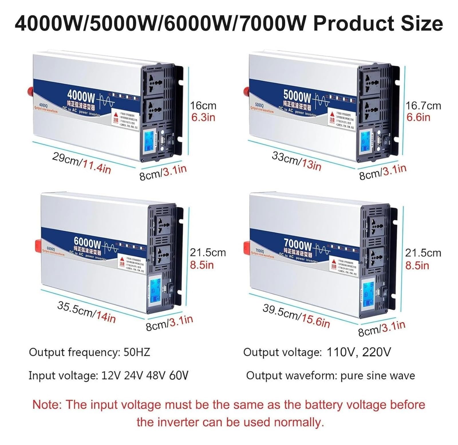 Czysty konwerter napięcia Sinus, 12V/24V/48V/60V na AC 110 V 220 V 230 V 240V, przetwornica mocy z wyświetlaczem LCD (12 V do 110 V)