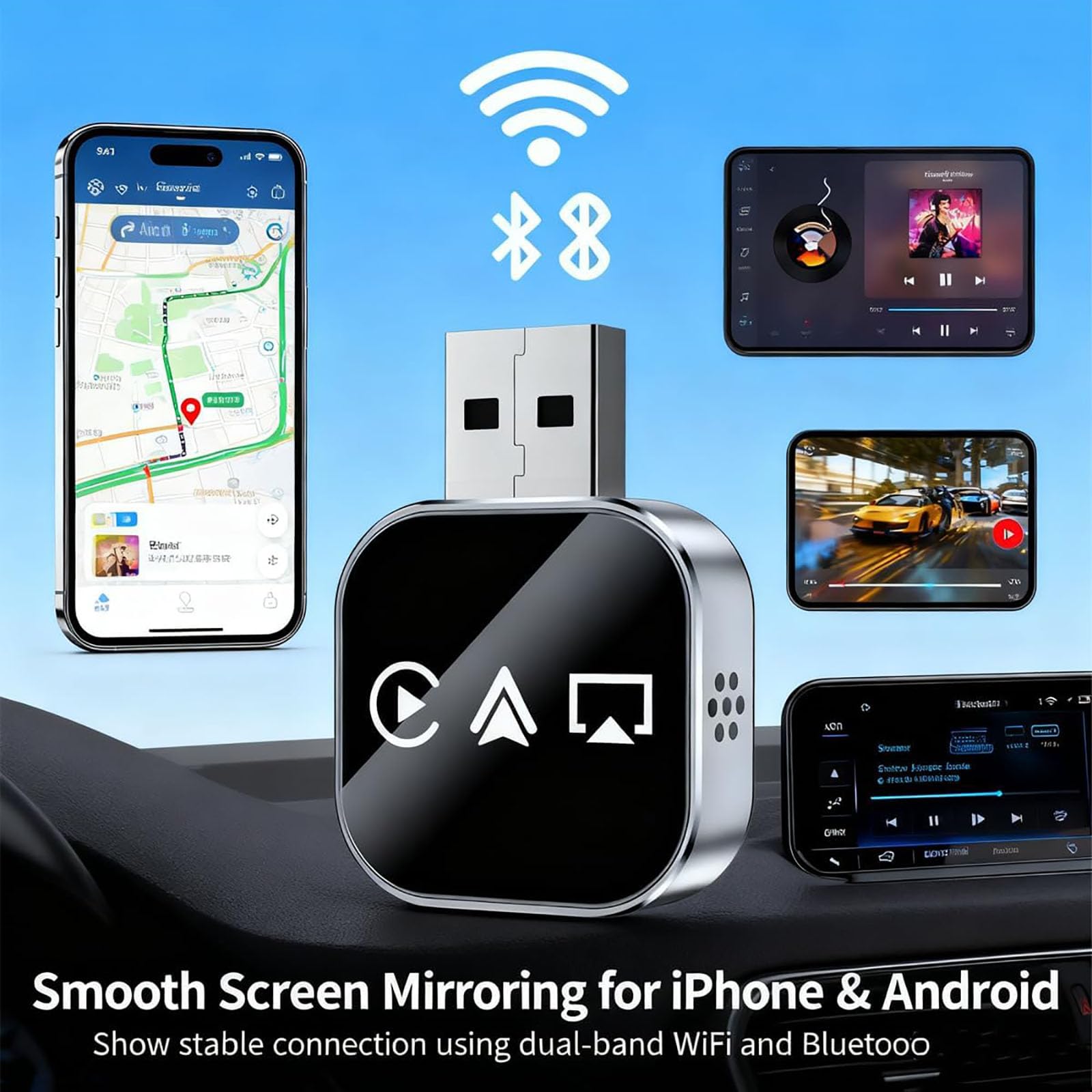 Adattatore 3 in 1 Kivont, Adattatore per auto 3 in 1 Kivont, Dongle CarPlay wireless aggiornato al 2026 con WiFi 2,4/5 GHz e Bluetooth 5.0, Plug and Play (for iPhone)