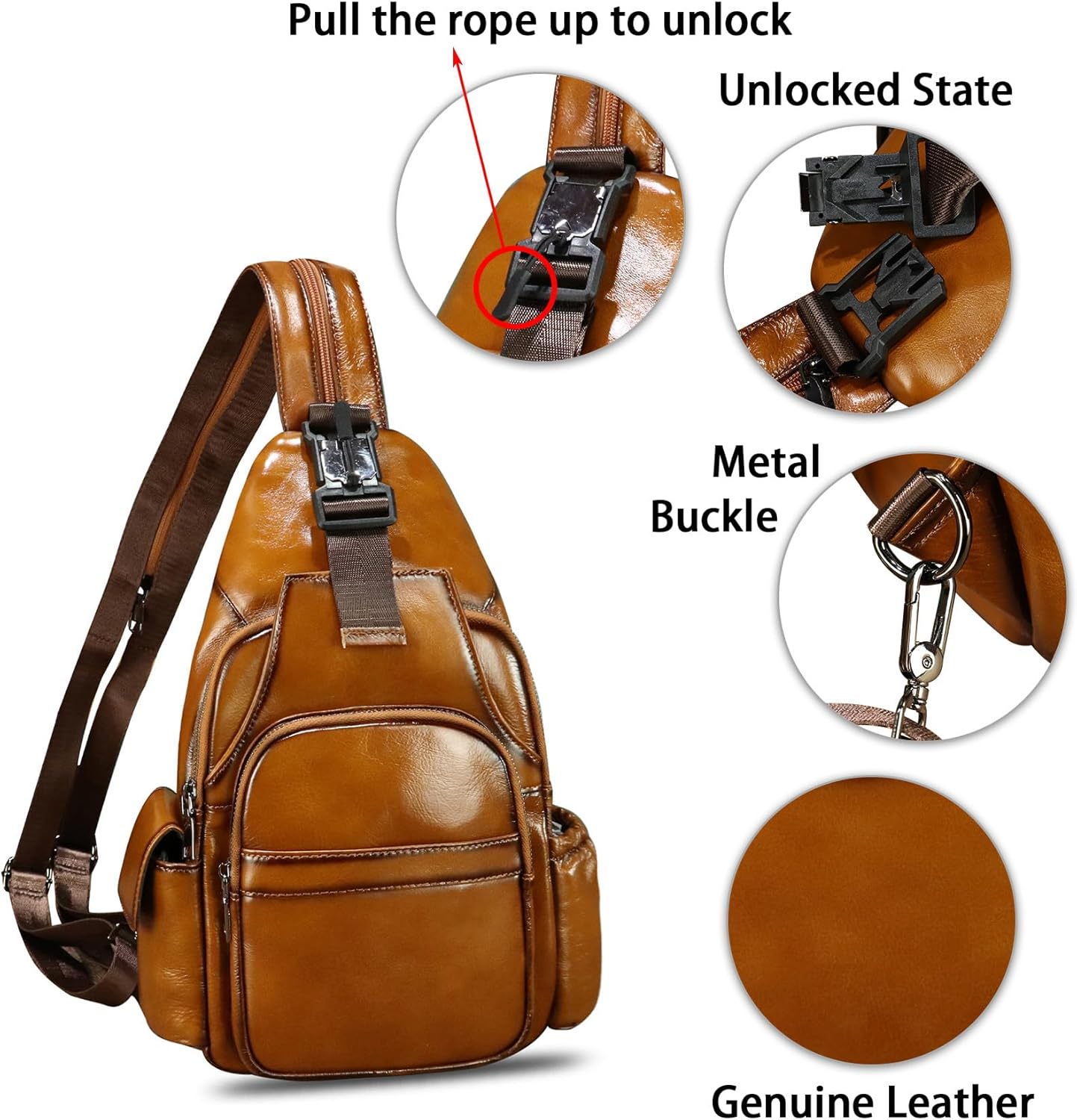 LRTO Genuine Leather Sling Bag for Men and Women Handmade Sling Backpack Purse Chest Over Shoulder Crossbody Bag Large Capacity (Brown) - Image 6