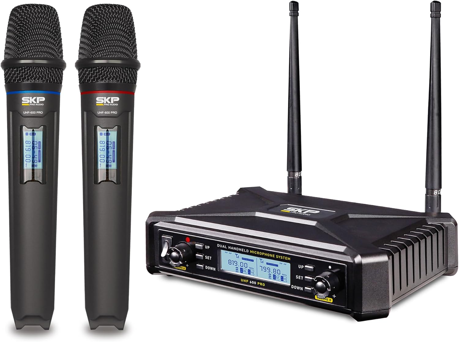 SKP UHF-600 PRO Dual Wireless Microphone System – Auto-Scan, 300ft Range, Dual LCD Control for Battery, Complete Kit with 2 Wireless Microphones for Karaoke, DJs, Weddings, Church & Classroom