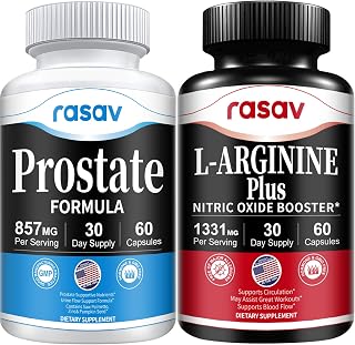 Rasav Nitric Oxide Booster & Prostate Supplement for Men, with L-Arginine, Saw Palmetto, Pygeum Powder. Supports Blood Flow, Vascular Function, Prostate & Urinary Health - 60 Capsules & 60 Capsules