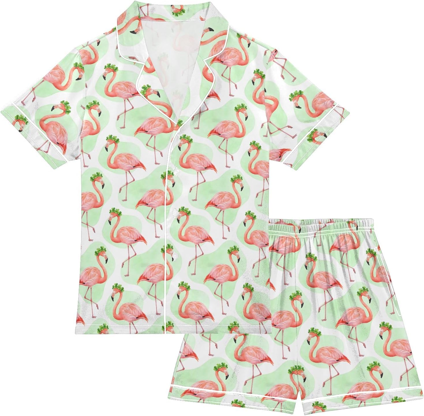 Kids Satin Wear Set Four Leaf Clover Flamingo Relaxing Clothing Short Sleeve and Shorts