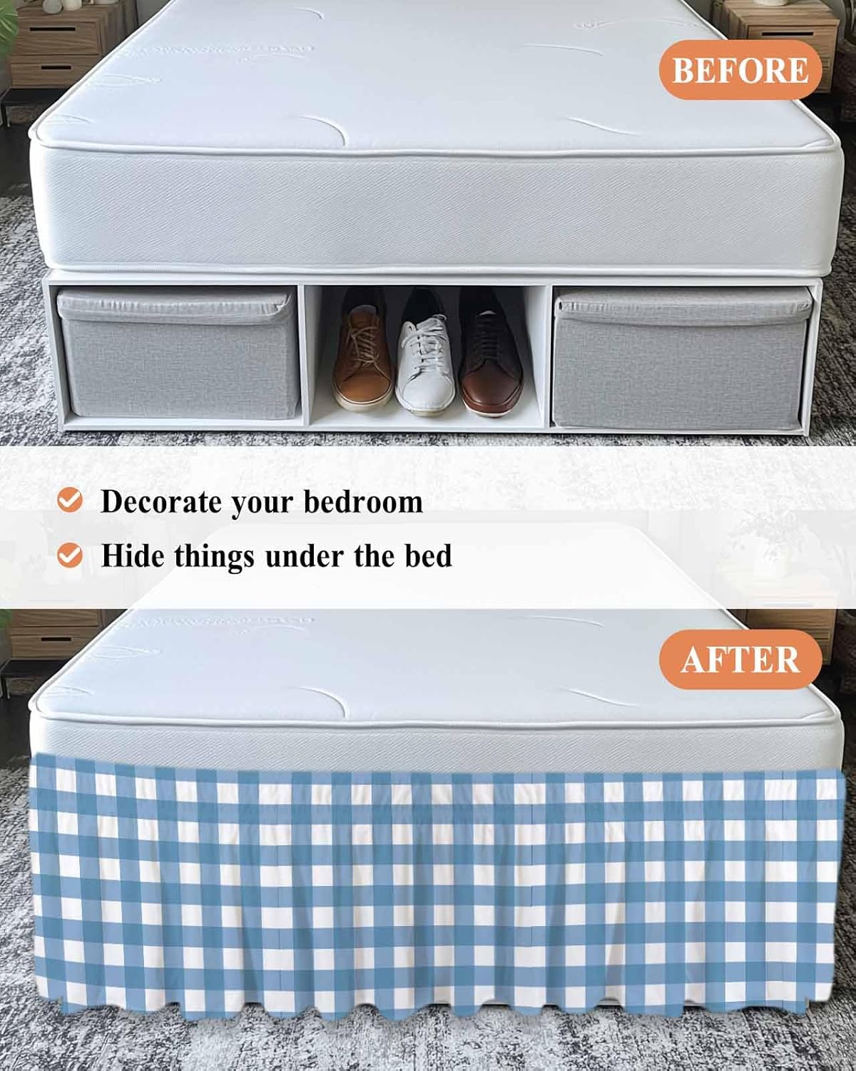 Blue Check Bed Skirt Queen Size, 16-Inch Drop Elastic Bed Skirting Buffalo Plaid Texture Dust Ruffles Bedding Decoration with Wrap Around Adjustable Bedskirt for Queen Bed