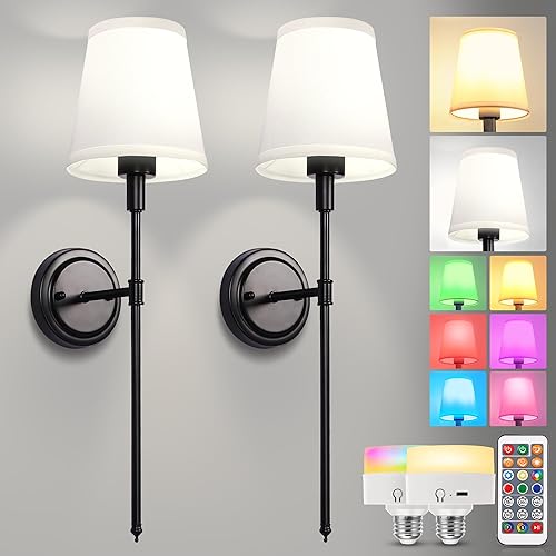 DORESshop Battery Operated Wall Sconce Set of Two, Balck Wall Sconces with Dimmable and Adjustable Bulb, Remote Control, Easy to Install Not Wires, Wall Light for Bedroom, Livingroom