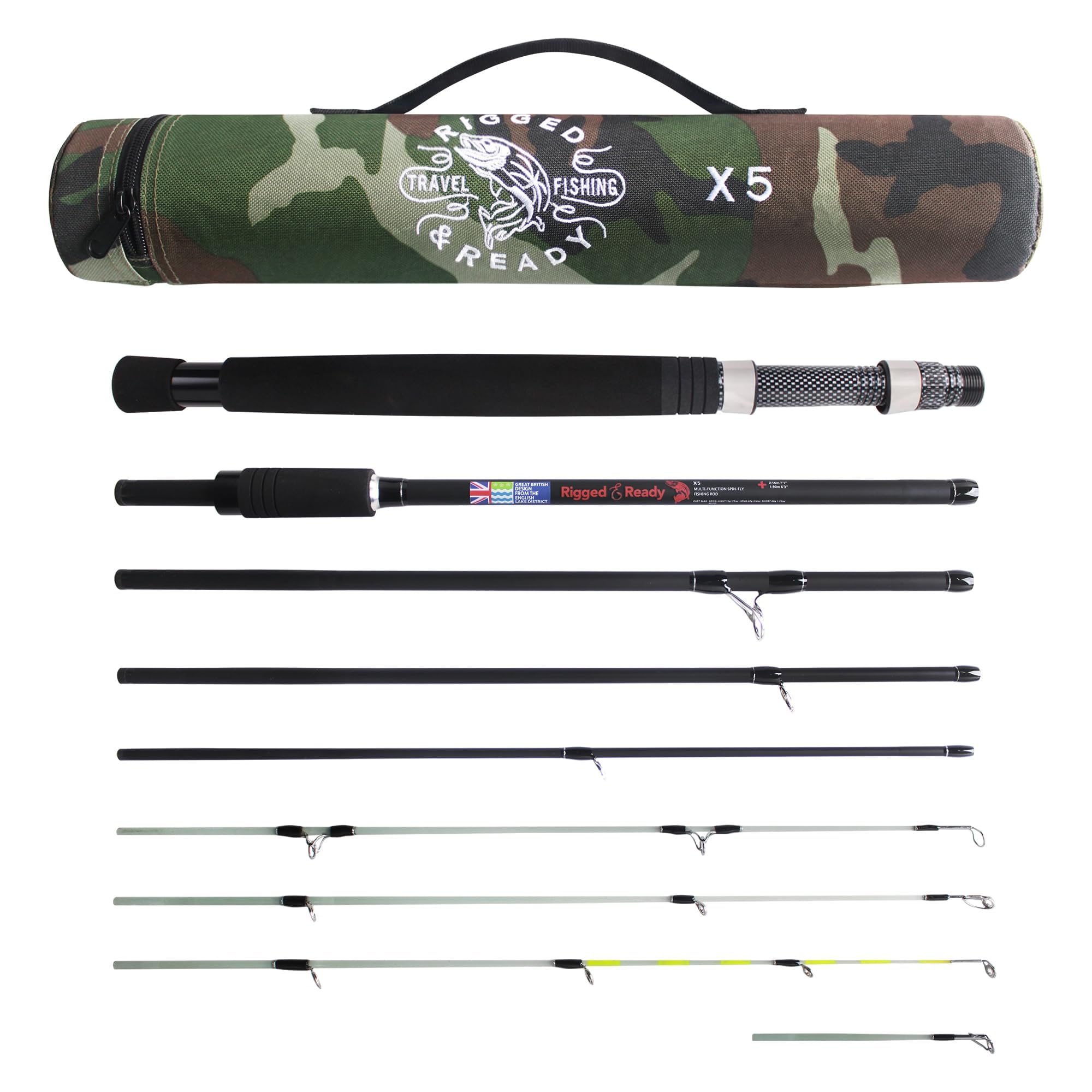 Rigged and Ready X5 Series Travel Fishing Rods Spin-Fly X5 Rod and 2 Reels Combination,X5 Rod,X5 Max Super Compact,Multi-Functional Rods,4 Tips,5 Techniques 1 Fishing Rod.