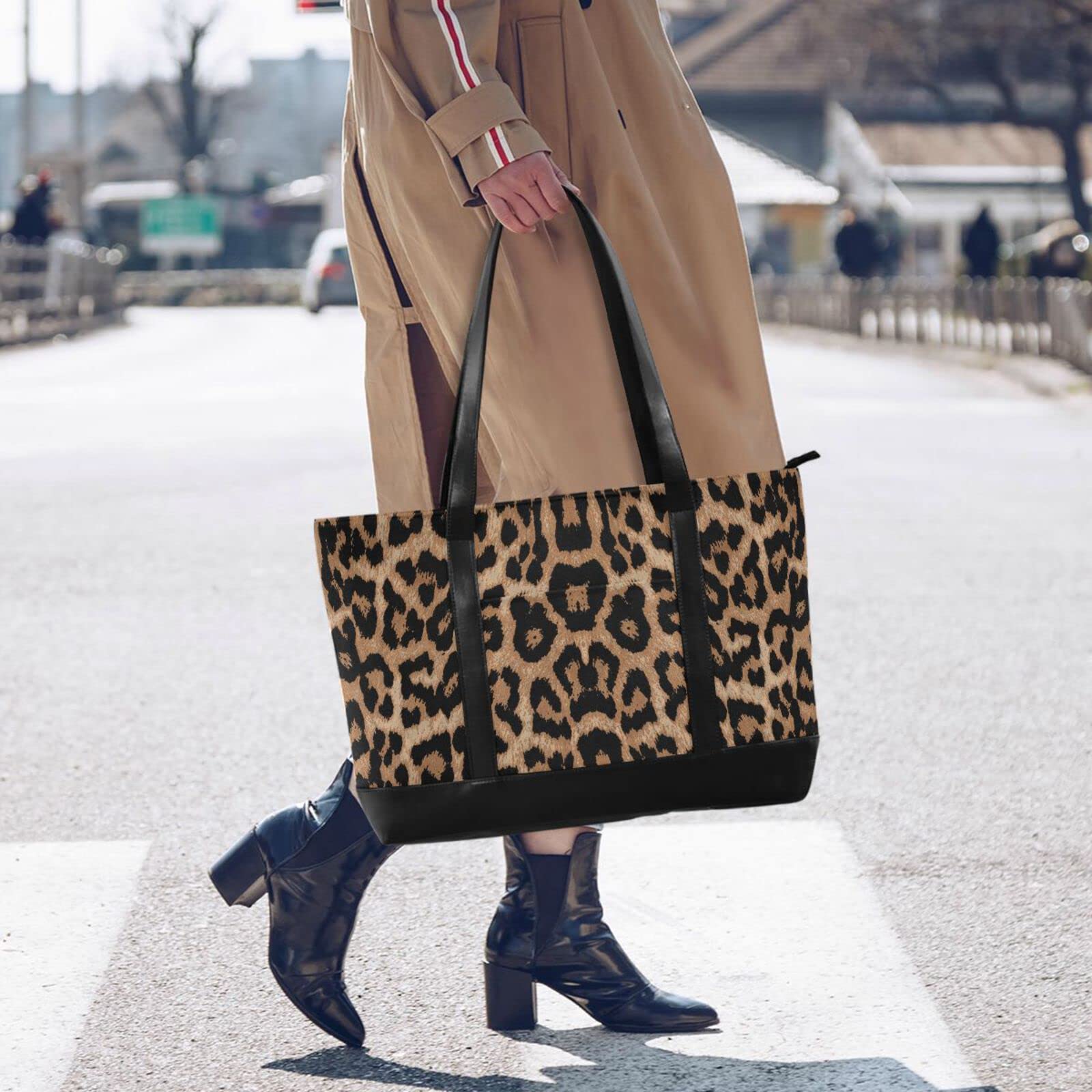 Damen-Handtasche mit Leopardenmuster, Tiermotiv, Leinen, Laptop-Tragetasche, Rei?verschluss, Reise-Schultertasche, Einkaufstasche, 39,6 cm