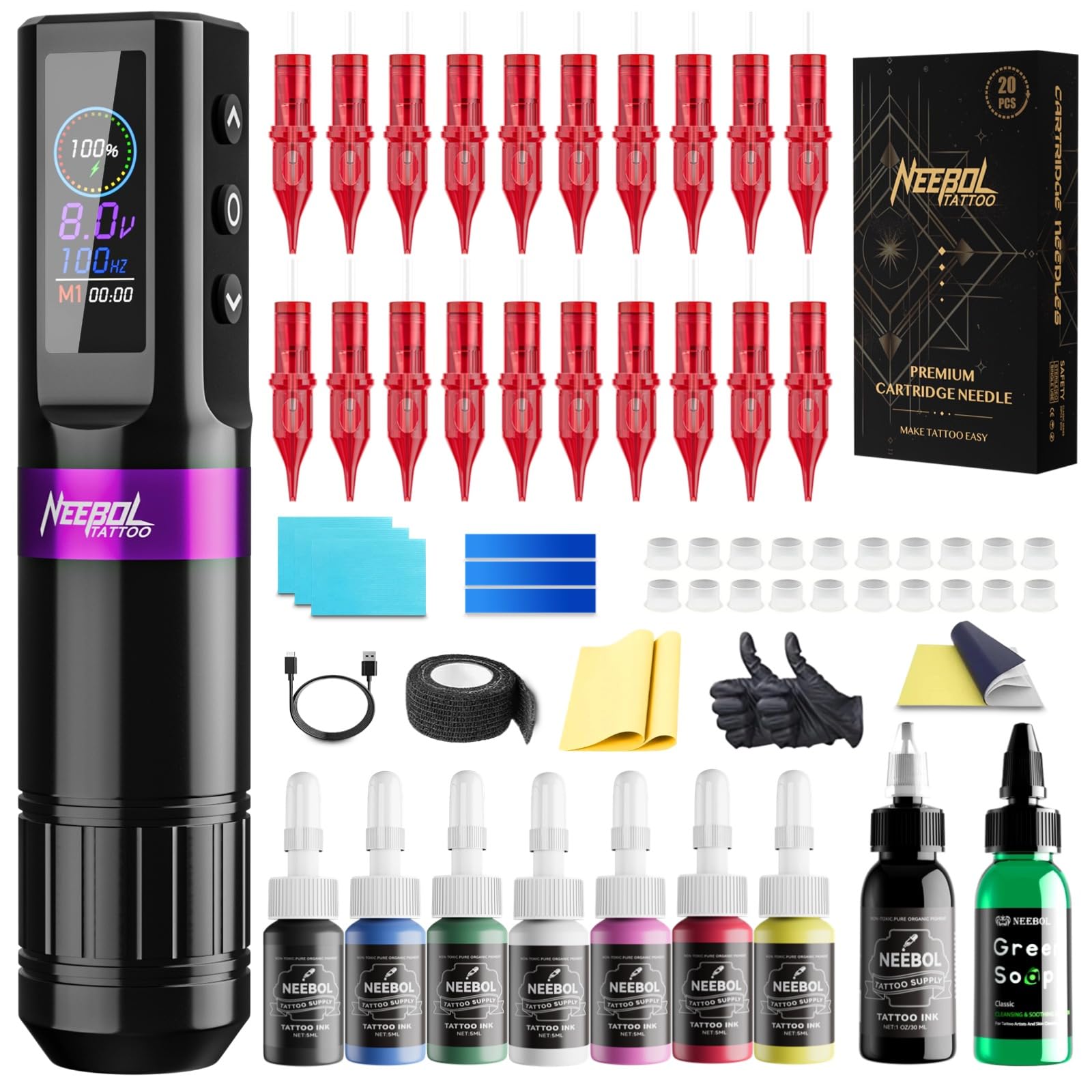 Tattoo Kit for Beginners Complete Set, Neebol Wireless Tattoo Gun Kit with LED Display, 20Pcs Tattoo Cartridge Needles, 8Pcs Premium Inks, F7