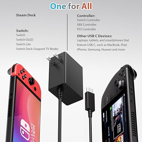 Miniatura 5 de Charger for Nintendo Switch, 45W AC Adapter, 20V2.25A Fast Charging with 5FT USB-C Cable Compatible with LiteOLEDSteam DeckPlayStation Portal,