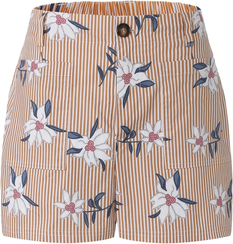 EXLURA Women's Summer Cute Striped Shorts Comfy Cotton Elastic Waist Floral Shorts Casual Boho Beach Short Pants with Pockets