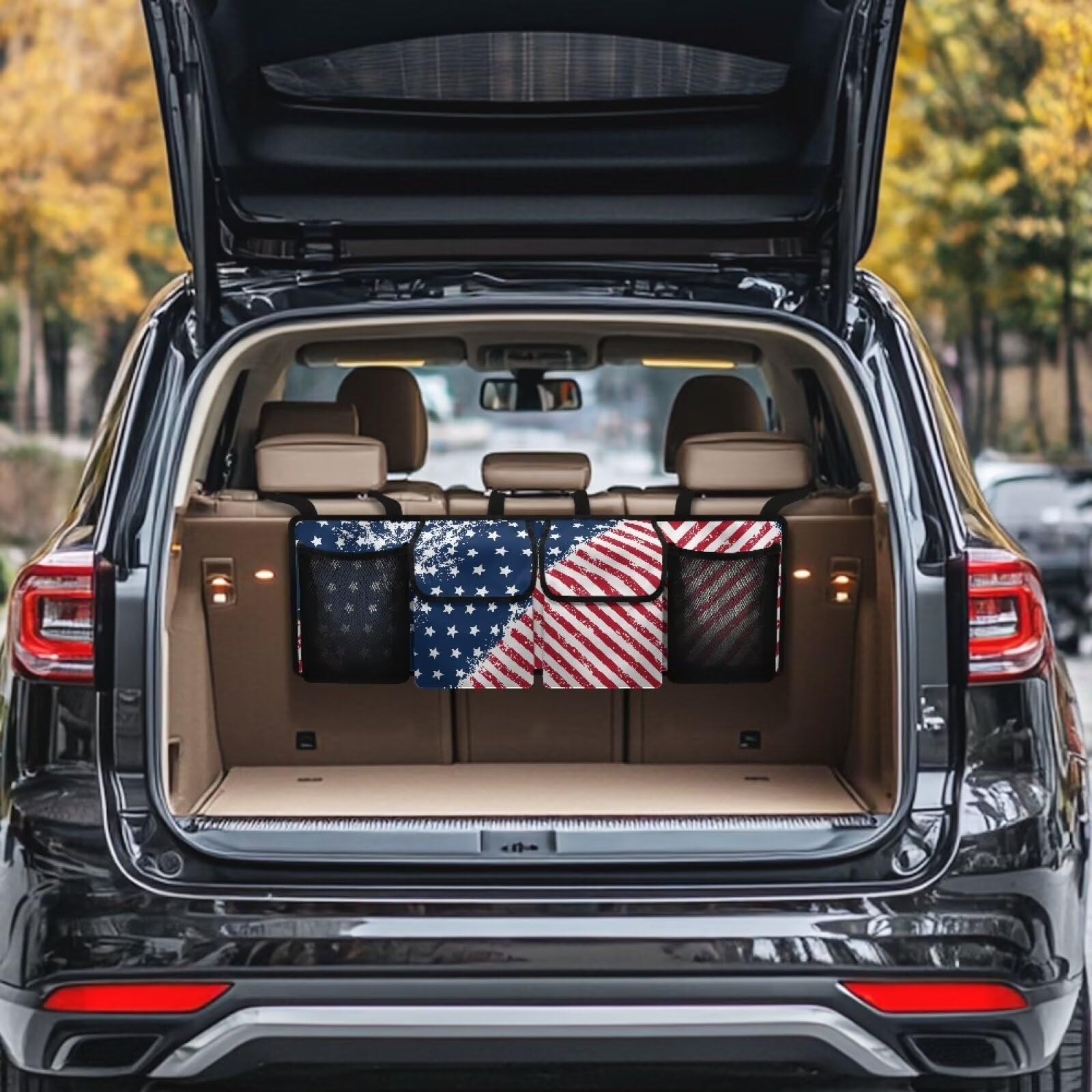 gearider 4th of July Hanging Car Trunk Organizer and Storage American Flag Pattern Collapsible Seat Back Hanging Organizeres Automotive Backseat Cargo Storage Bag with 4 Pockets 3 Adjustable Straps