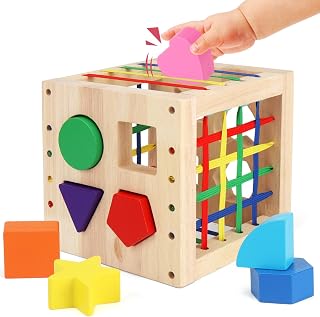 Aigybobo Montessori Toys for 1 Year Old, Wooden Shape Sorter Cube Bin, Baby Sensory Toys 12 Months+, Learning Education Preschool Fine Motor Skills Game, Birthday Gifts Toddler Boy Girl Age 1,2,3