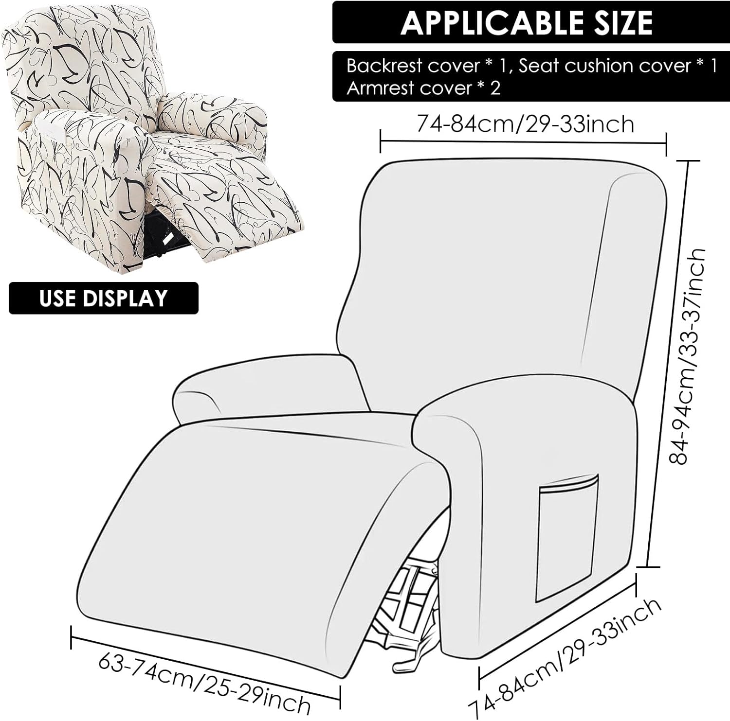 4 Pcs Recliner Chair Covers, Printed Stretch Recliner Slipcovers with Side Pockets, Non Slip Single Sofa Slipcovers for Living Room Pets Kids(Black and White)