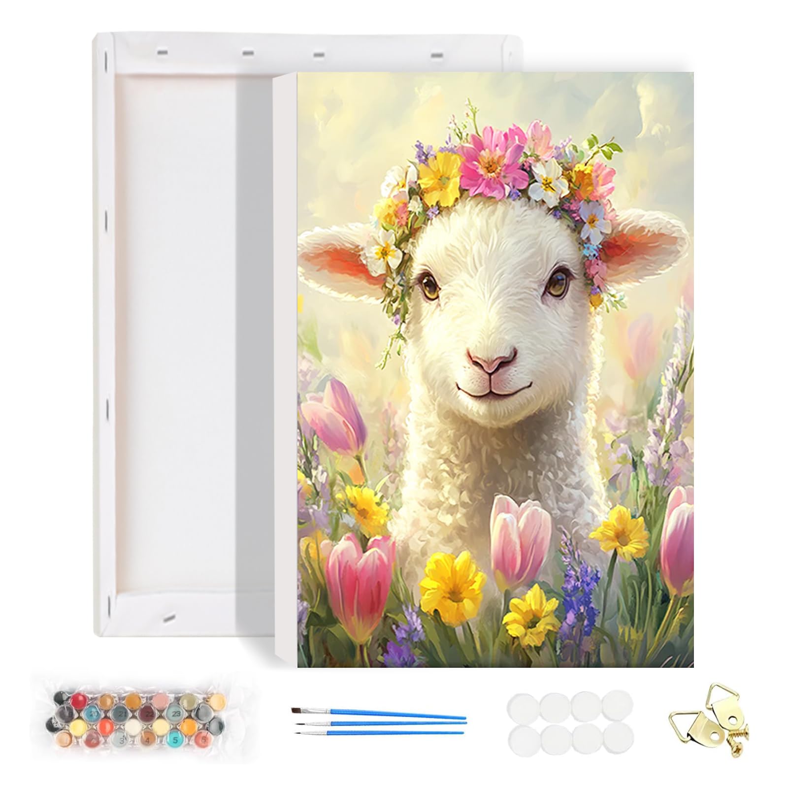 HEIBAGO Paint by Numbers with Frame Easter Lamb, Flower Paint by Numbers Kits for Adult, Animal Framed Paint by Numbers Canvas Arts and Crafts Kit Acrylic Pigment for Home Wall Decor 20x30cm