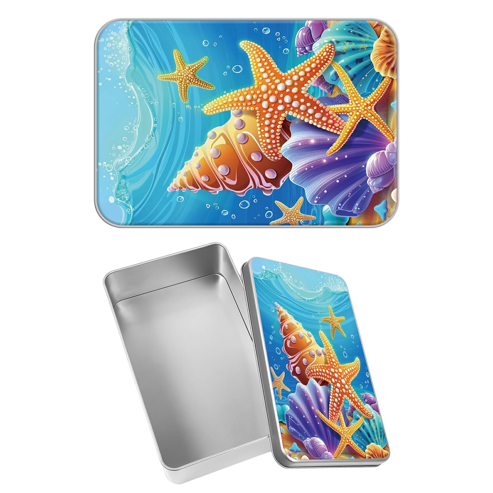 Rectangular Metal Tin Box with Removable Lid, Ocean Starfish Decorative Printed Metal Storage Container for Sweets Jewelry Tea Candies Cakes 7 x 4.33 x 2.17 inch– Single Pack