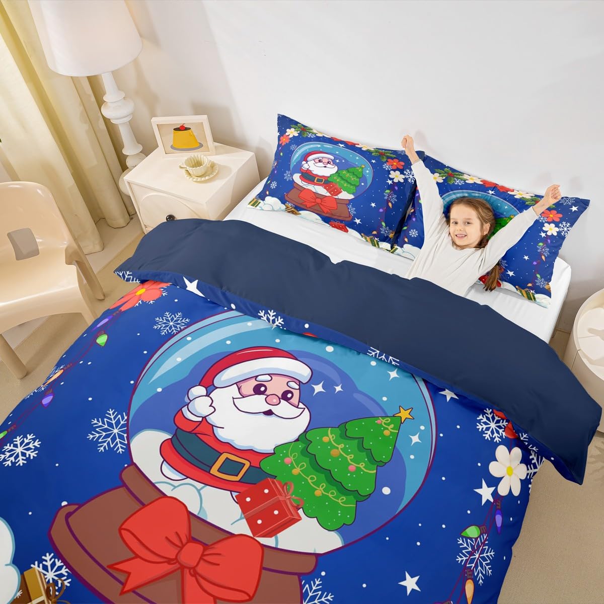 Homewish Święty Mikołaj Boże Narodzenie niebieski king size zestawy poszewek na kołdrę kokarda kokarda płatek śniegu kwiatowa pościel ostrokrzew kryształowa kula kwiaty czerwona poszewka na kołdrę