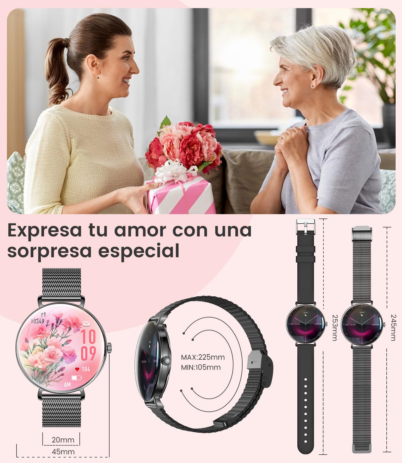 Reloj Inteligente Para Mujer, 1,43" HD AMOLED Smartwatch Con Android iOS, Llamada Bluetooth, Salud Femenina/100+ Modos Deportivos, 100+ Diales, Recordatorio De Mensaje, 5ATM Sellado, Memoria De 128 MB